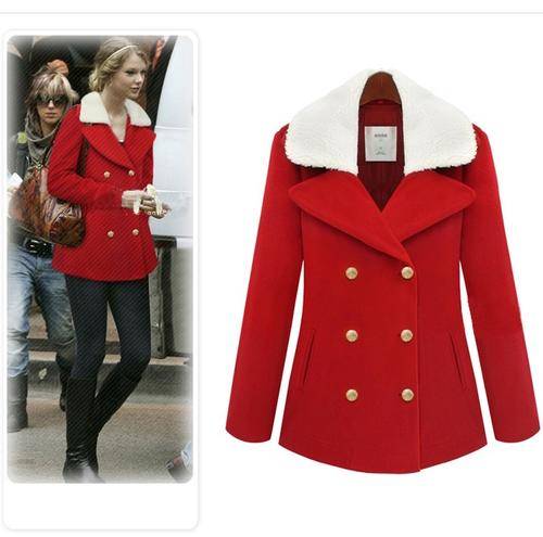 New Womens European Fashion Double Breasted Fleece Trench Coat Red